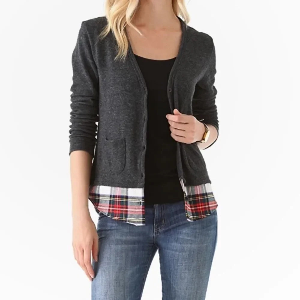 Clu Cashmere Blend Wool Cardigan w/Plaid Shirttail